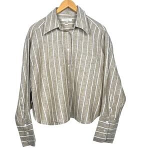 Banana Republic Women's Size M The Boxy Cropped Linen Shirt Tan & White Stripe